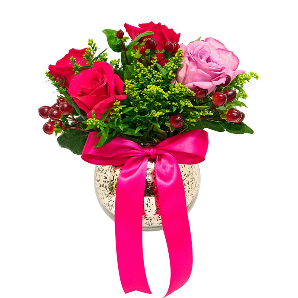 Princess - Simple yet stunning arrangement featuring roses, hypericum, and solidago in a gold flecked bowl with bow.  