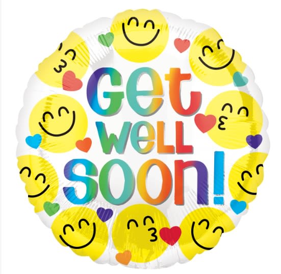 Get Well Balloon - An 18" Mylar balloon with the words Get Well/Get Well Soon.  Style will vary from image
