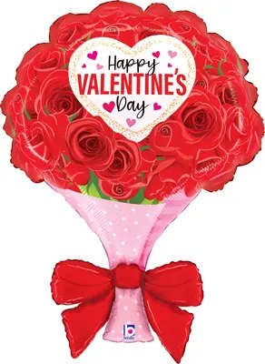 32" Valentine Wrapped Roses Balloon - Surprise your Valentine with this romantic heart-shaped balloon styled like a rose bouquet. Featuring vibrant red roses, a white heart with gold glitter accents, and the message "Happy VALENTINE'S Day", it's wrapped in pink polka-dot paper and tied with a red bow for a charming finish.