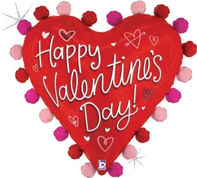 27" Valentine Pom Pom Heart Holographic Balloon - Celebrate Valentine's Day with our whimsical heart-shaped balloon adorned with colorful dots radiating from it. The balloon features the words "Happy Valentine's Day" surrounded by various hearts, adding a festive and romantic touch to your celebrations or thoughtful gift-giving.