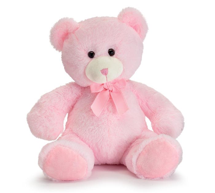 PLUSH 12" PINK BEAR WITH PINK BOW - Pink plush bear with a pink bow around its neck. The bear has a pink stitched nose and black eyes. 12"W X 10"D X 12"H Sitting