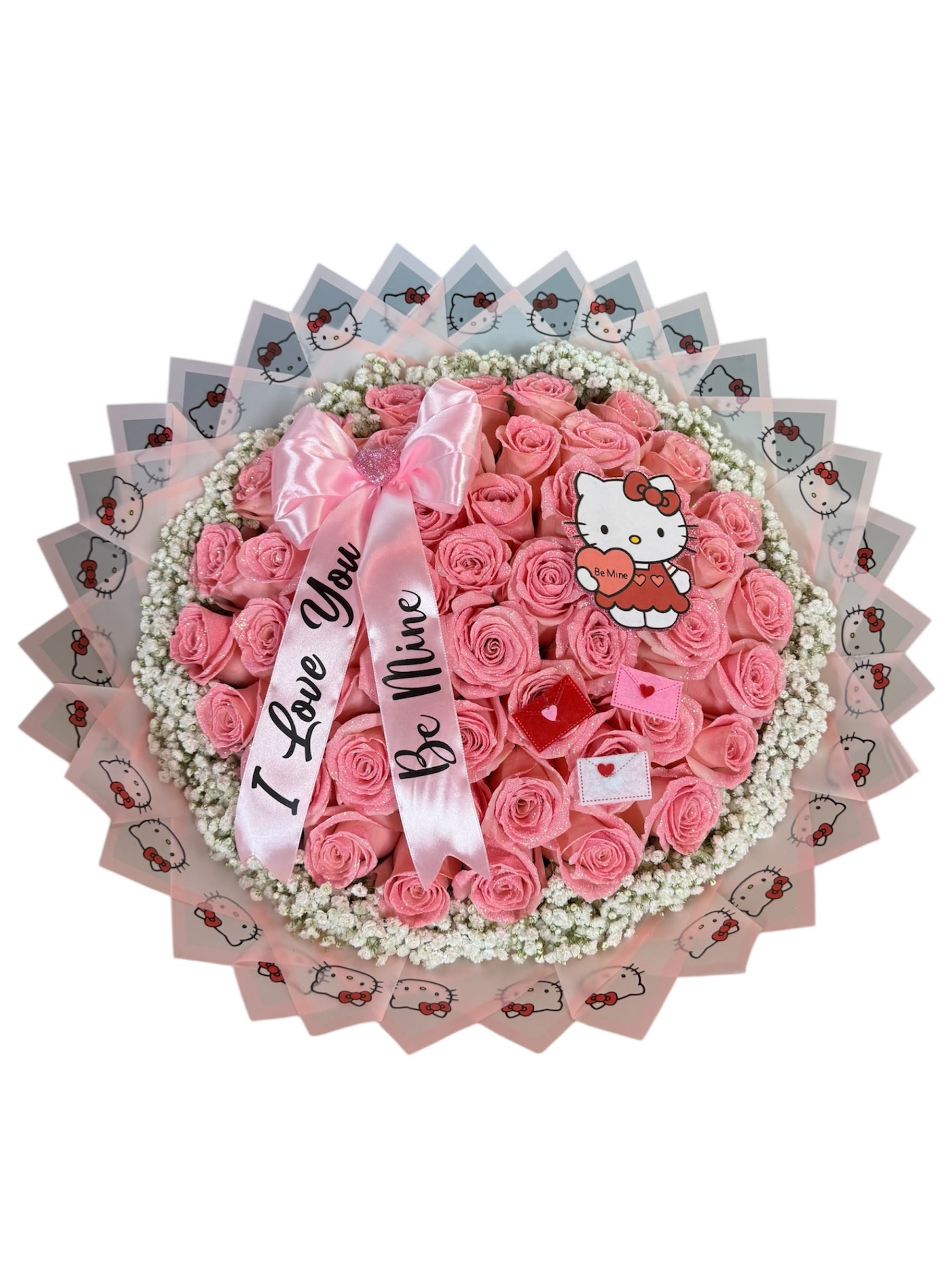 Bow-tiful Hello Kitty Bouquet  - Glitter roses make the perfect hello kitty bouquet, decorative bow can be customized with any phase. (Don’t forget to add in notes). All bouquets can be customized to your needs, choose rose color and wrapping paper of your choice.