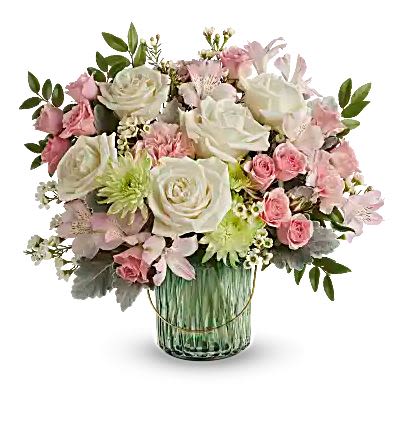 Lush Garden - This arrangement features crème roses, pink spray roses, pink alstroemeria, pink carnations, green cushion spray chrysanthemums, white waxflower, dusty miller and huckleberry.  Great arrangement to get your loved ones for Mother's Day
