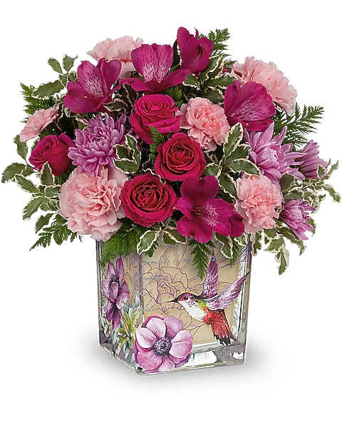 Sweet Hummingbird Bouquet - Inspired by a vintage flea market find, this charming glass cube is adorned with delightful botanical hummingbird imagery and filled with an equally enchanting rose bouquet.