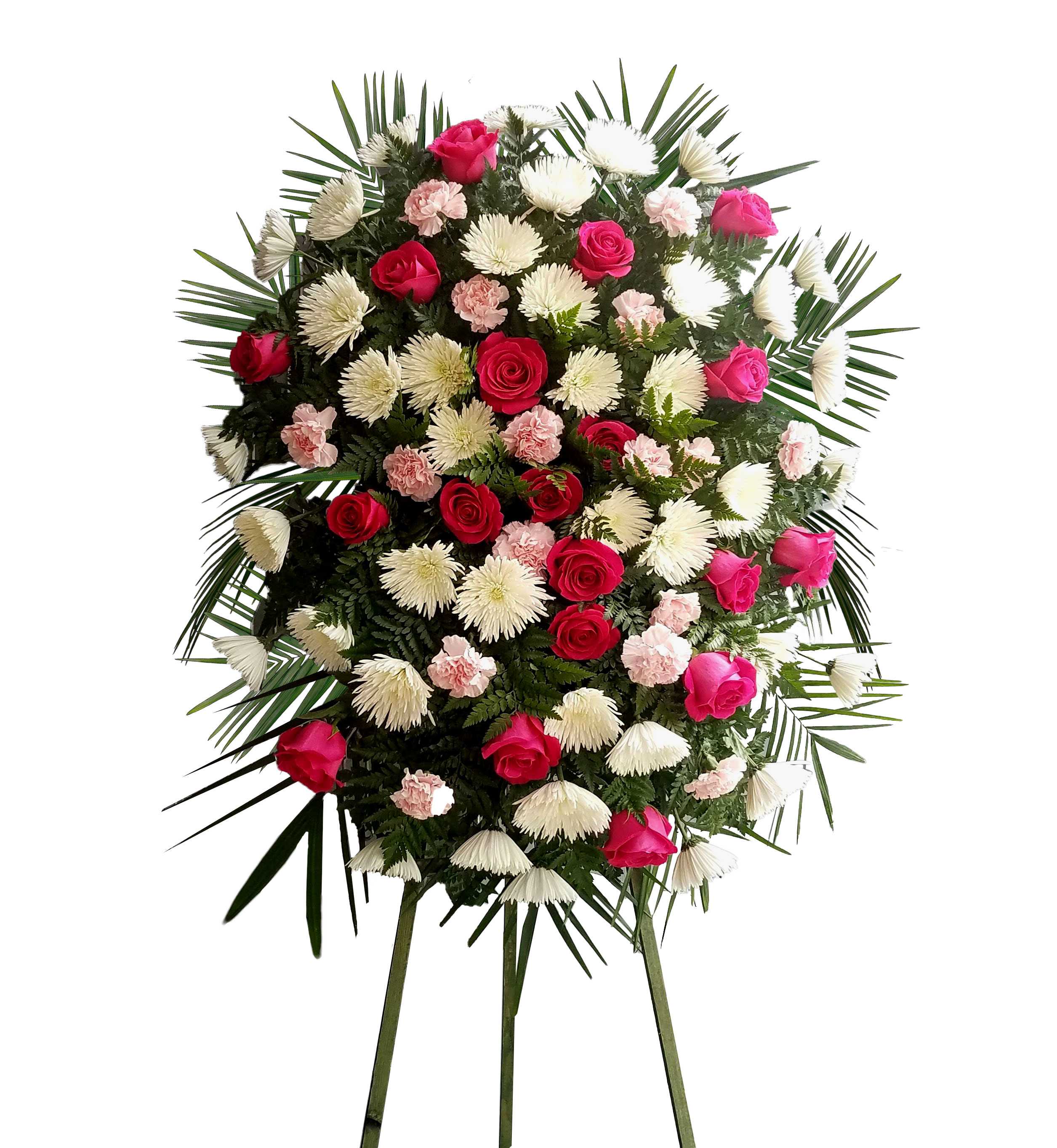 Sweet Sorrow - This type of design is usually approximately 5 - 6 ft tall and is meant for funeral services ONLY. This design includes a free banner (please include a banner sign in the Special Instruction Box or Message Box with the title “BANNER”).  In the event a banner space is left blank for any reason, ONLY a card message will be included. Banners are printed in a black 2.5-inch wide ribbon with silver ink. Currently, we don't offer any other colors. If the service is the same day as the order was placed we cannot guarantee delivery by a certain time. And flowers will be delivered during normal business hours.  A smaller heart of red roses inside a larger heart orange rose create a gorgeous spray for a funeral. To ensure the delivered flowers match the displayed photo as close as possible we recommend ordering 3-5 days in advance. For the same or next day deliveries, we reserve a right to substitute flowers with the same or greater value.