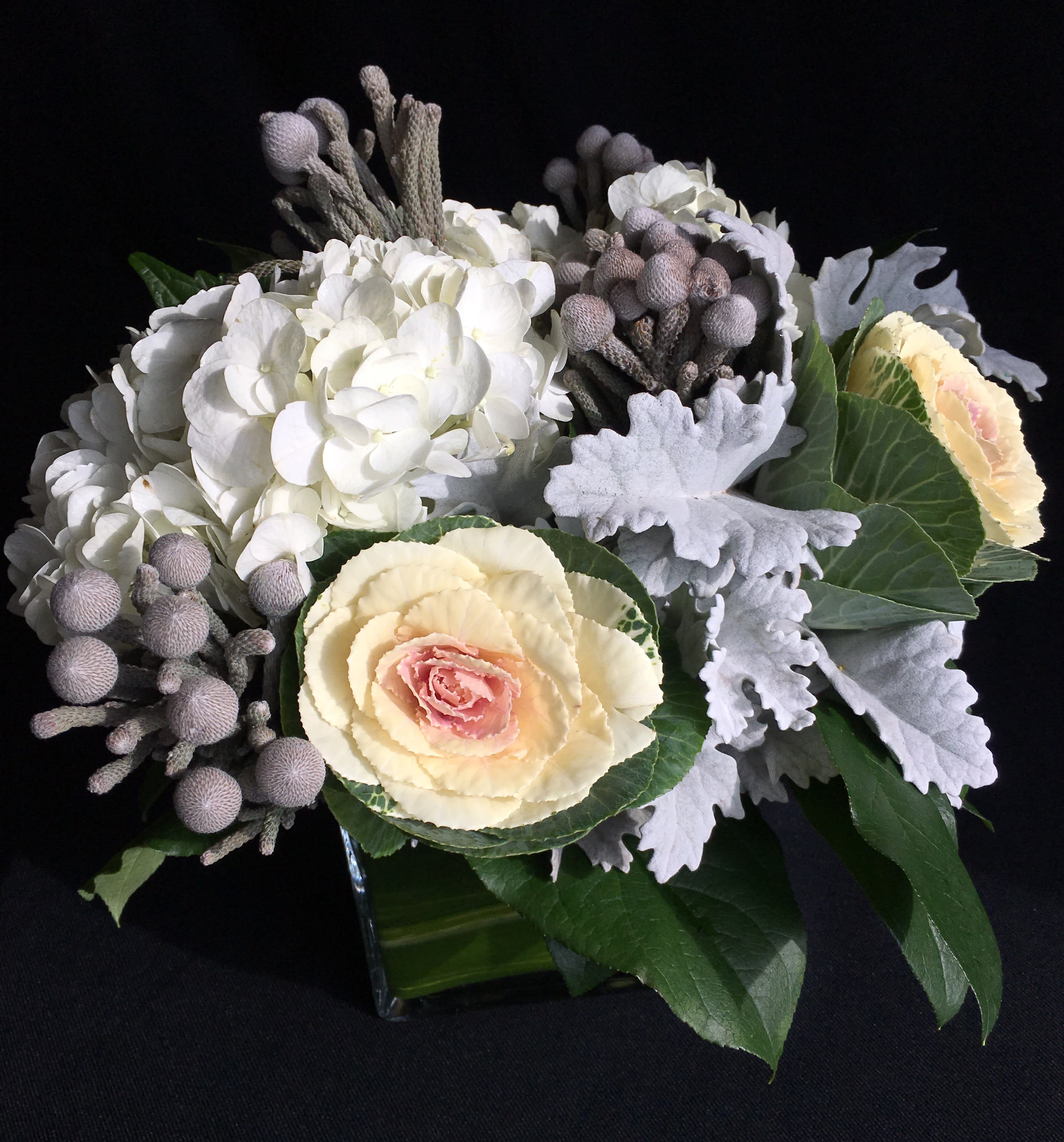 Winter Cube Centerpiece - Glass cube modern design. 360 degrees of beauty. Premium small winter bouquet. Items may vary. Shown are Grey Brunia, creamy white hydrangea, ornamental kale. 
