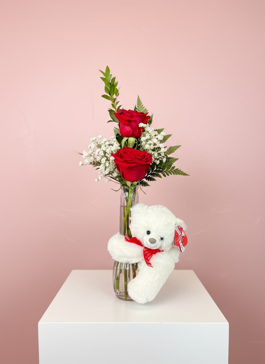 Rose Huggum - Red roses in a vase with a huggable bear