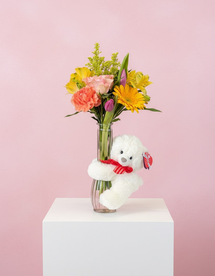Colorful Huggum - Mixed flowers in a vase with a huggum bear