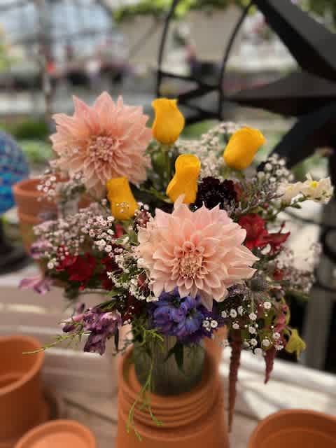 Always &amp; Forever - Cafe au Latte Dahlia and yellow roses make this beauty pop! This is sure to delight. 