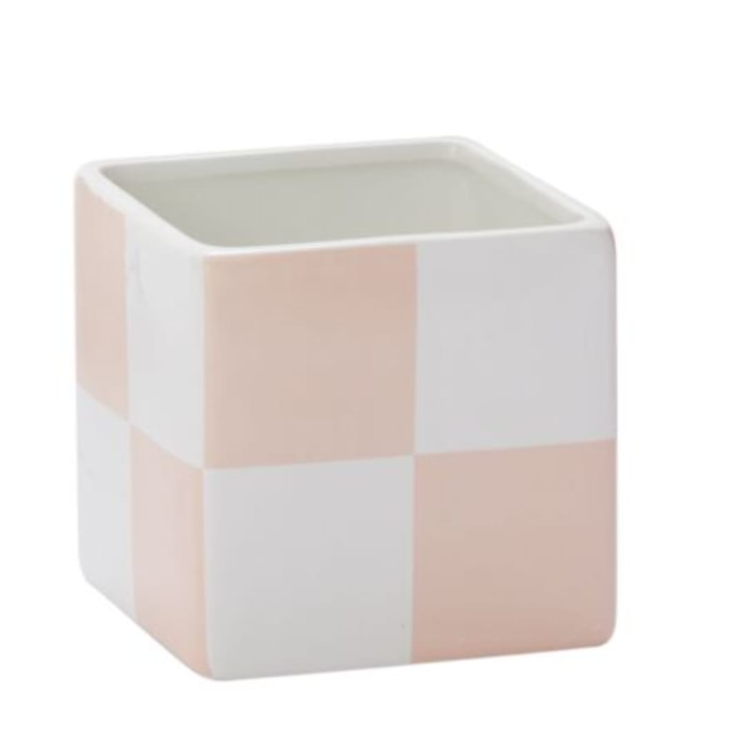 Blushed &amp; Checkered Square Pot - Fresh &amp; trendy with clean lines &amp; soft color, the small dolomite ceramic Blushed Urban Square Pot is lightweight, durable, &amp; a beautiful pop of pale pink. Its square shape allows for ease of transport of floral arrangements or drop-in plants, while the checkerboard pattern makes it an on-trend gift for Valentine's Day, Galentine's, birthdays, or just because. 4.75"x 4.75" DELUXE &amp; PREMIUM INCLUDES ASSORTED 4in PLANT