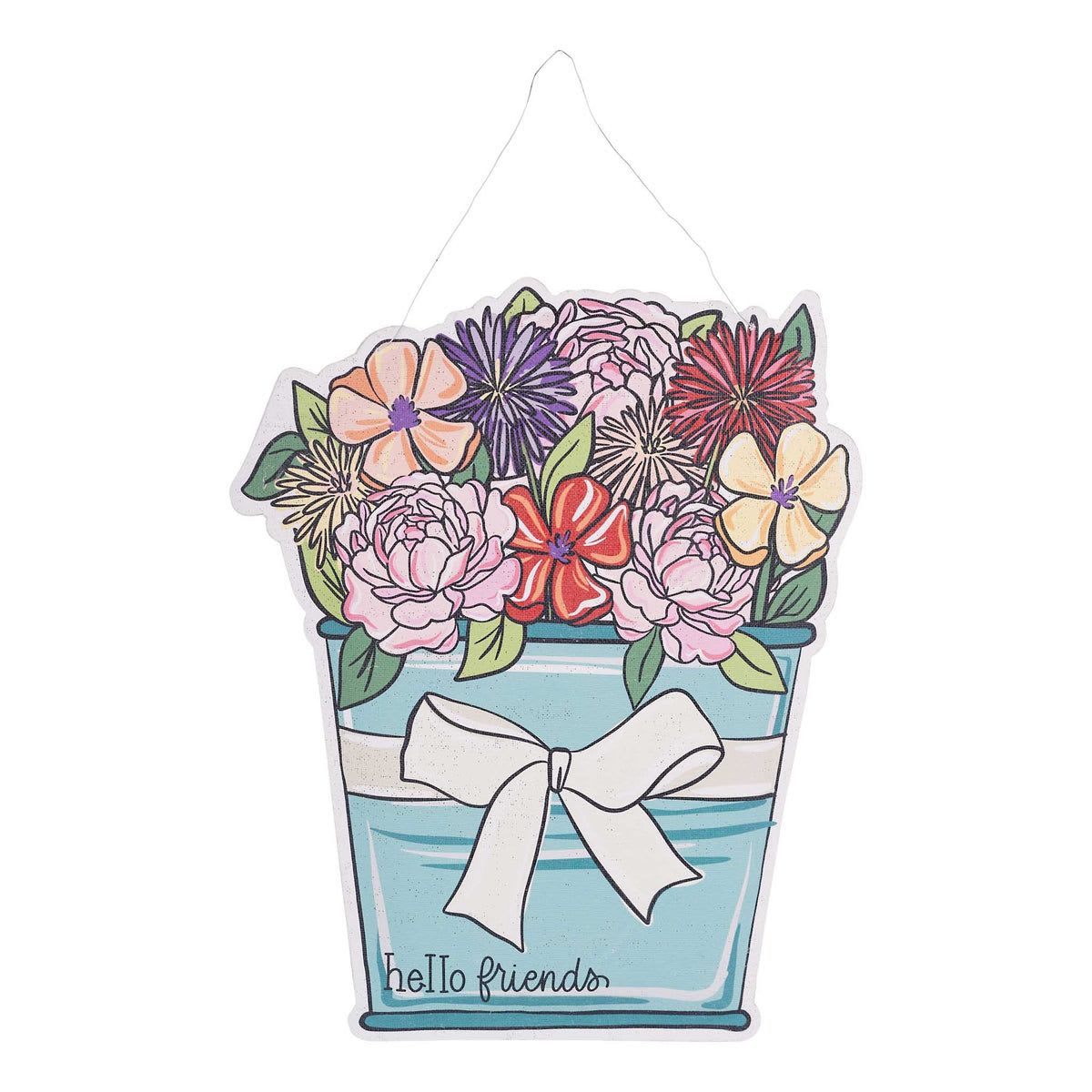 Reversible Flower Door Hanger - July 4th/Hello Friends - Celebrate the 4th of July in style with the July 4th Bucket Burlee/Hello Friends Flower Bucket Burlee! This festive, colorful decoration features a charming flower design perfect for adding a patriotic touch to your home or porch. Ideal for holiday celebrations, it’s a great way to show your American spirit and welcome guests in style. A must-have for your summer decor! Dimensions: 20" x 24.5" Each of our burlees comes ready to hang with a wire hanger attached. If used outdoors, we recommend they hang under a covered porch or patio. DELUXE: Matching bow added