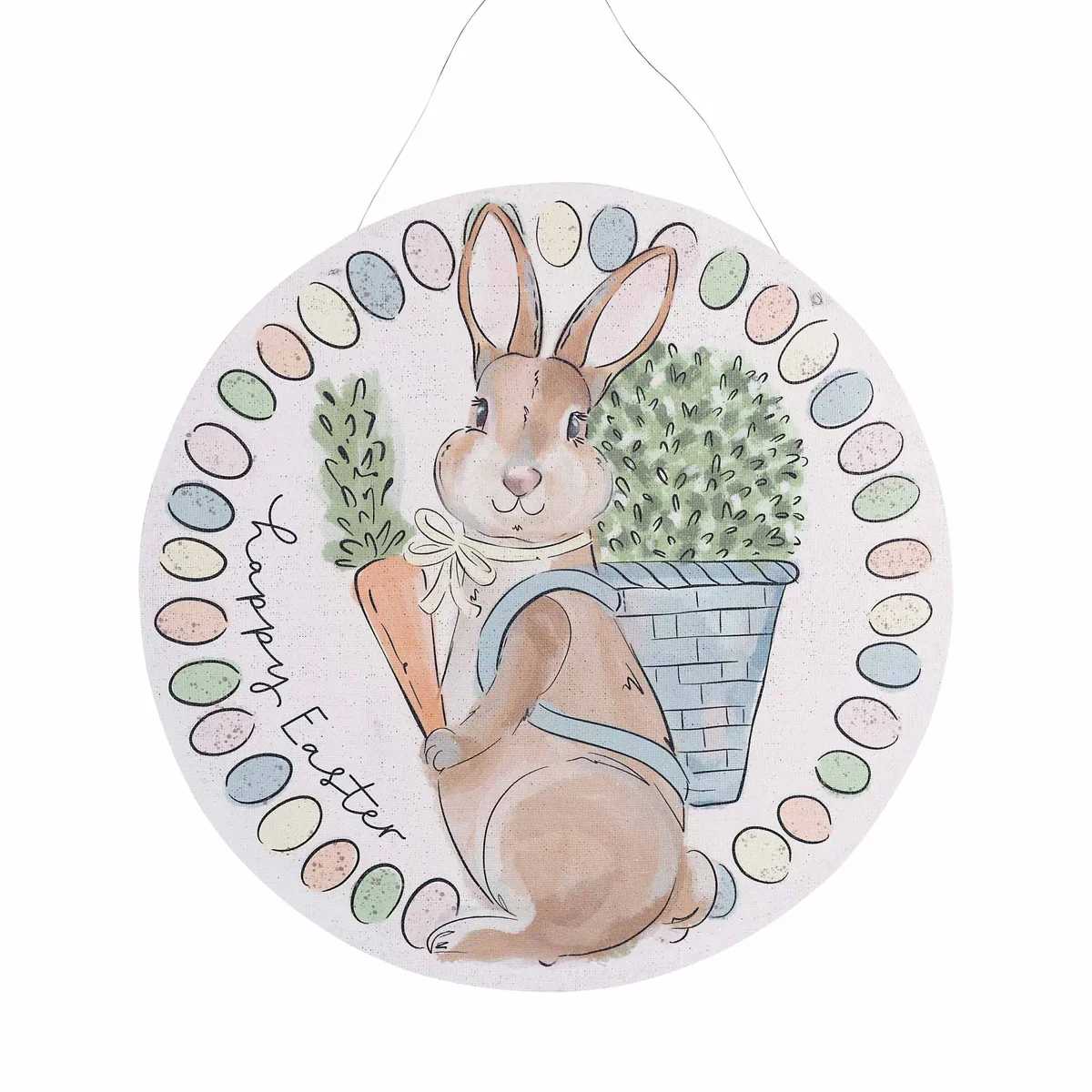 Reversible Spring Door Hanger - Bunny Basket/Everyday - Add charm and versatility to your décor with the Bunny Basket/Everyday Burlee! This reversible hanging piece features a cheerful bunny with a springtime basket on one side, perfect for Easter, and a neutral everyday design on the reverse for year-round use. Ideal for doors, walls, or entryways, it brings festive flair and daily cheer to your space. A delightful and practical way to keep your home feeling fresh through every season. Dimensions: 22" Round Each of our burlees comes ready to hang with a wire hanger attached.  If used outdoors, we recommend they hang under a covered porch or patio.  DELUXE: ADDED BOW