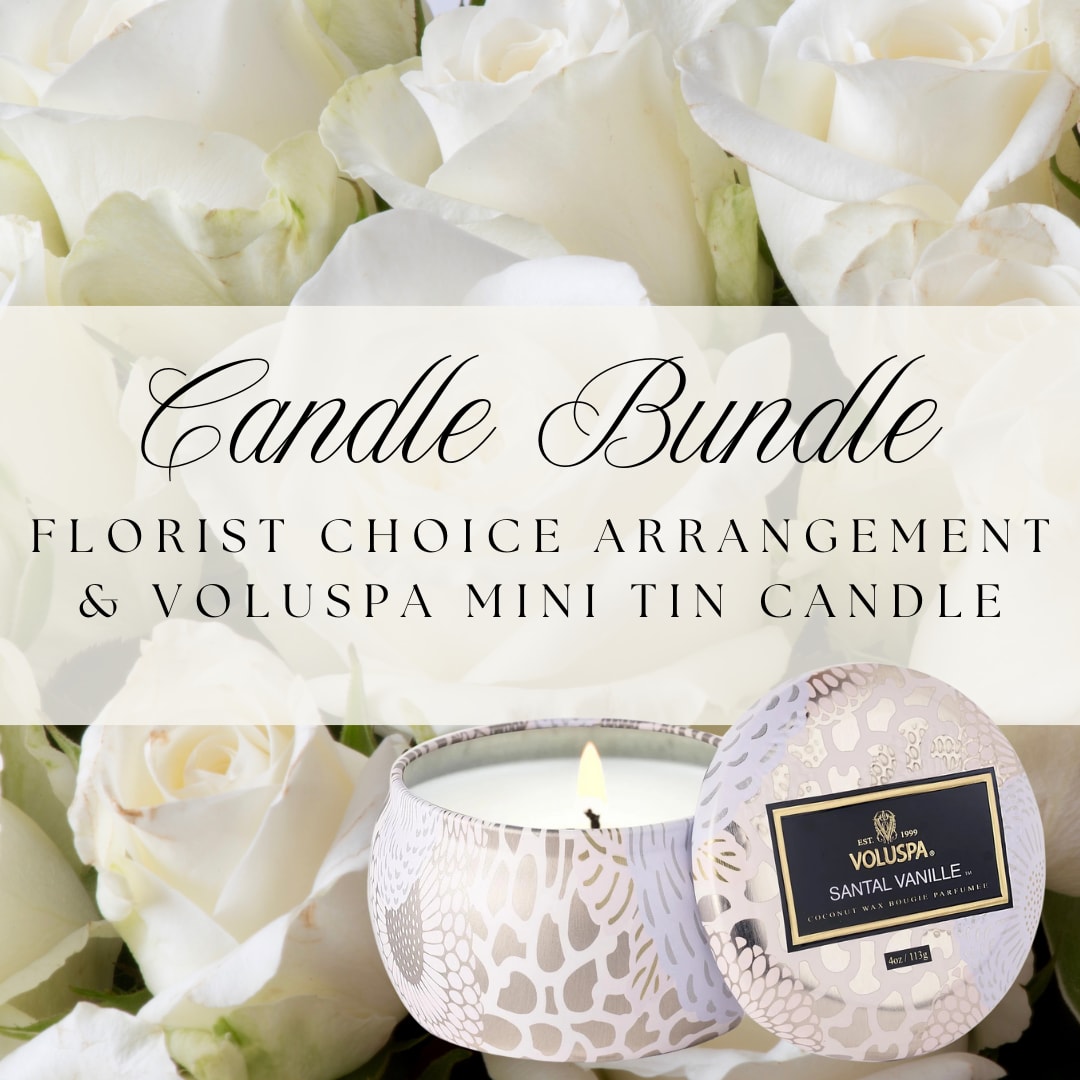 Candle Bundle - Let our expert florists surprise you with a one-of-a-kind floral arrangement, handpicked for its beauty and charm. With our Florist's Choice, you'll receive a stunning mix of fresh, seasonal blooms in a beautiful color palette that reflects the essence of the season. Whether you're celebrating a special occasion or simply brightening someone's day, this thoughtfully designed arrangement promises to delight with a harmonious blend of textures, colors, and fragrances. Trust our talented florists to create a masterpiece just for you! Each arrangement is paired with a Voluspa mini tin candle! Available scents: jasmine midnight blooms, santal vanille, cherry gloss