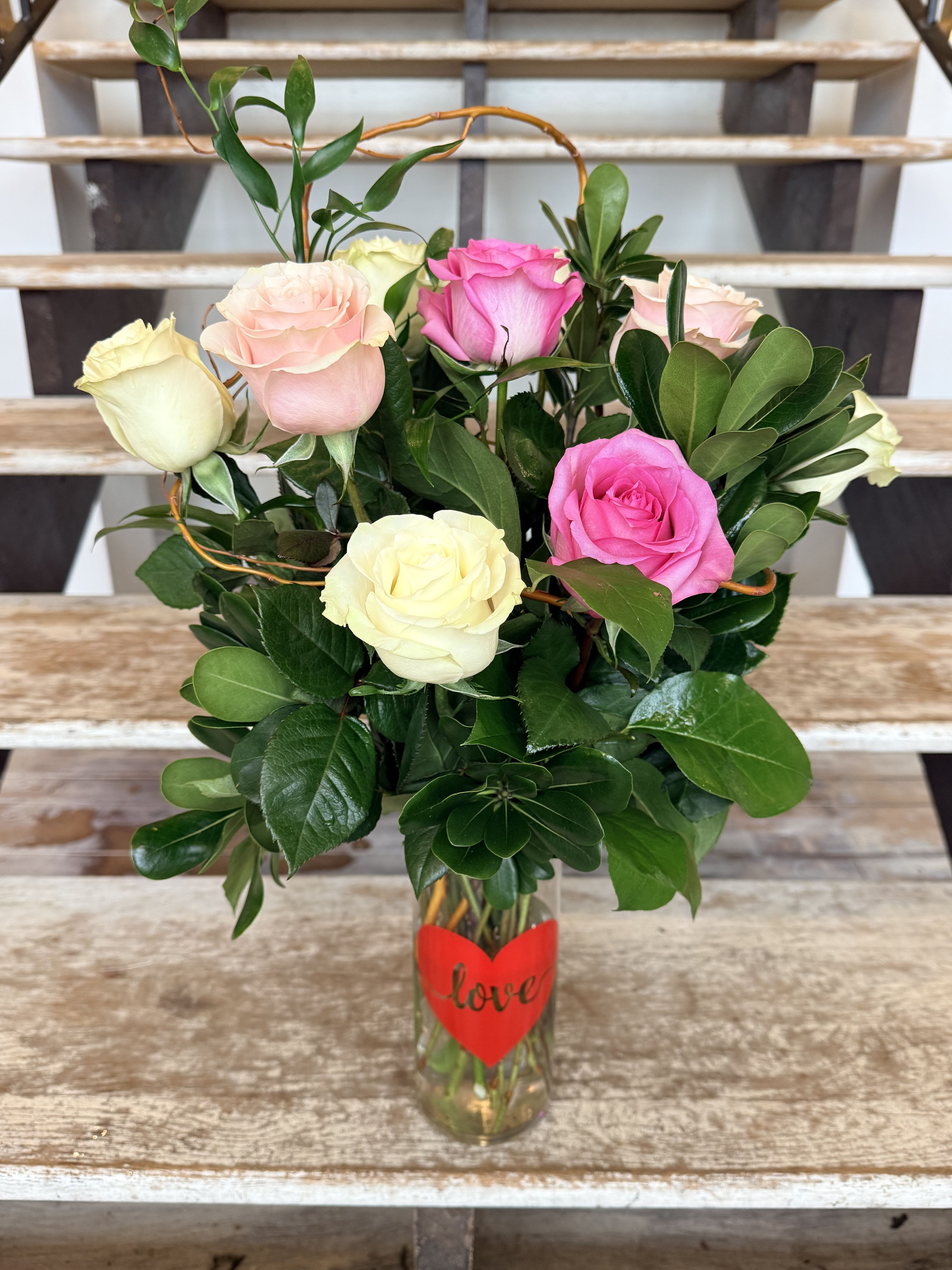 With Love - Perfect for Valentine's Day, anniversaries, or simply saying "I love you", this arrangement delivers timeless elegance and heartfelt charm.  *red roses are available for this arrangement. Please specify your choice under "Special Instructions". If not Rose choices will default to what is pictured. 