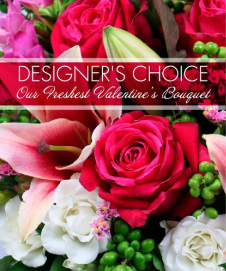 Valentines Day Designers Choice - Bouquet Vase Included  - We will Select the beautiful Valentines Blooms! This Valentines Day Arrangement, Assorted arrangement with greenery and Pinks, Red, Purples and white florals. 