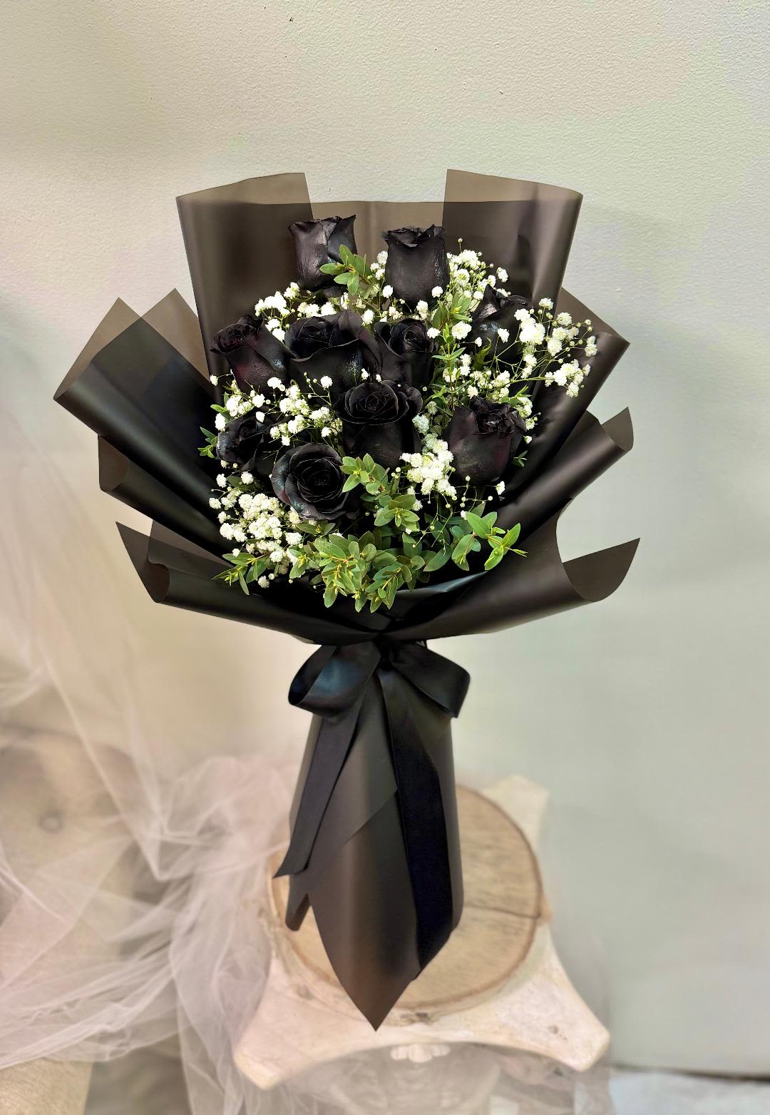 Black Magic Bouquet - Dozen of black rose, with black rap&amp; black bow design. gift for Valentines Day, Anniversary &amp; Birthday