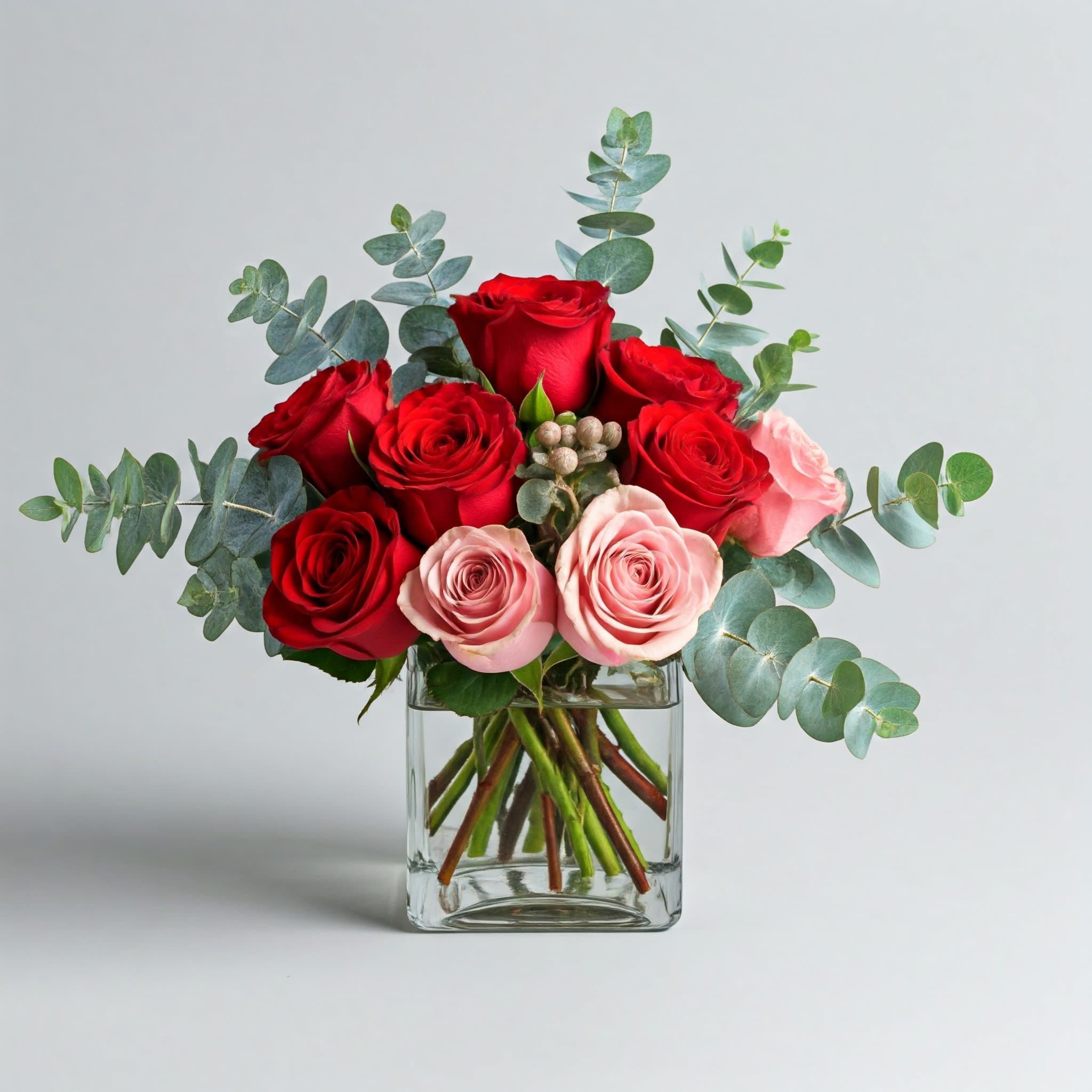 Sparks Fly - This rose combination is flirty, yet romantic. Sparks Fly is the perfect gift for Valentine's Day. A modern &amp; petite rosy arrangement.   Arrangement Details:  Standard Size: Includes 12 Roses in pink and red.  APPROXIMATE DIMENSIONS: 10" H, 11" W, 11"L 