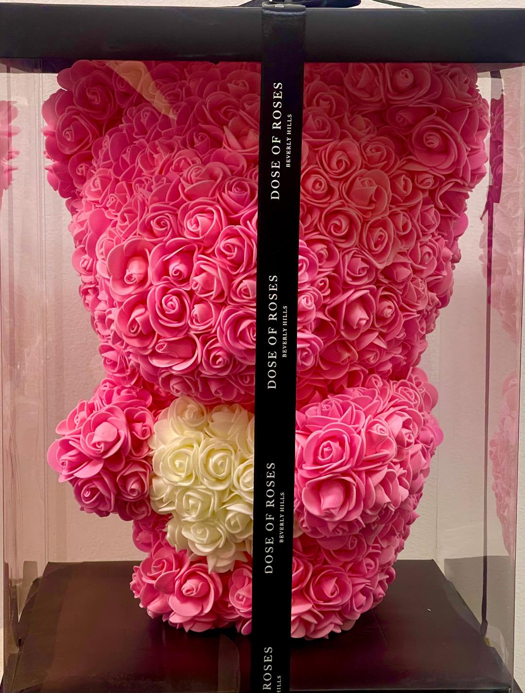 Pink teddy bear roses - Product Information  Pink teddy bear rose bouquet. color: pink  _Crafted with premium pink faux Foam roses. _16"/11" Teddy bear adorned with a black ribbon. _Comes in a custom acrylic box for a lasting impression.  Perfect for Valentines Day, Birthday, Mother's Day, Anniversaries&amp; Baby shower.