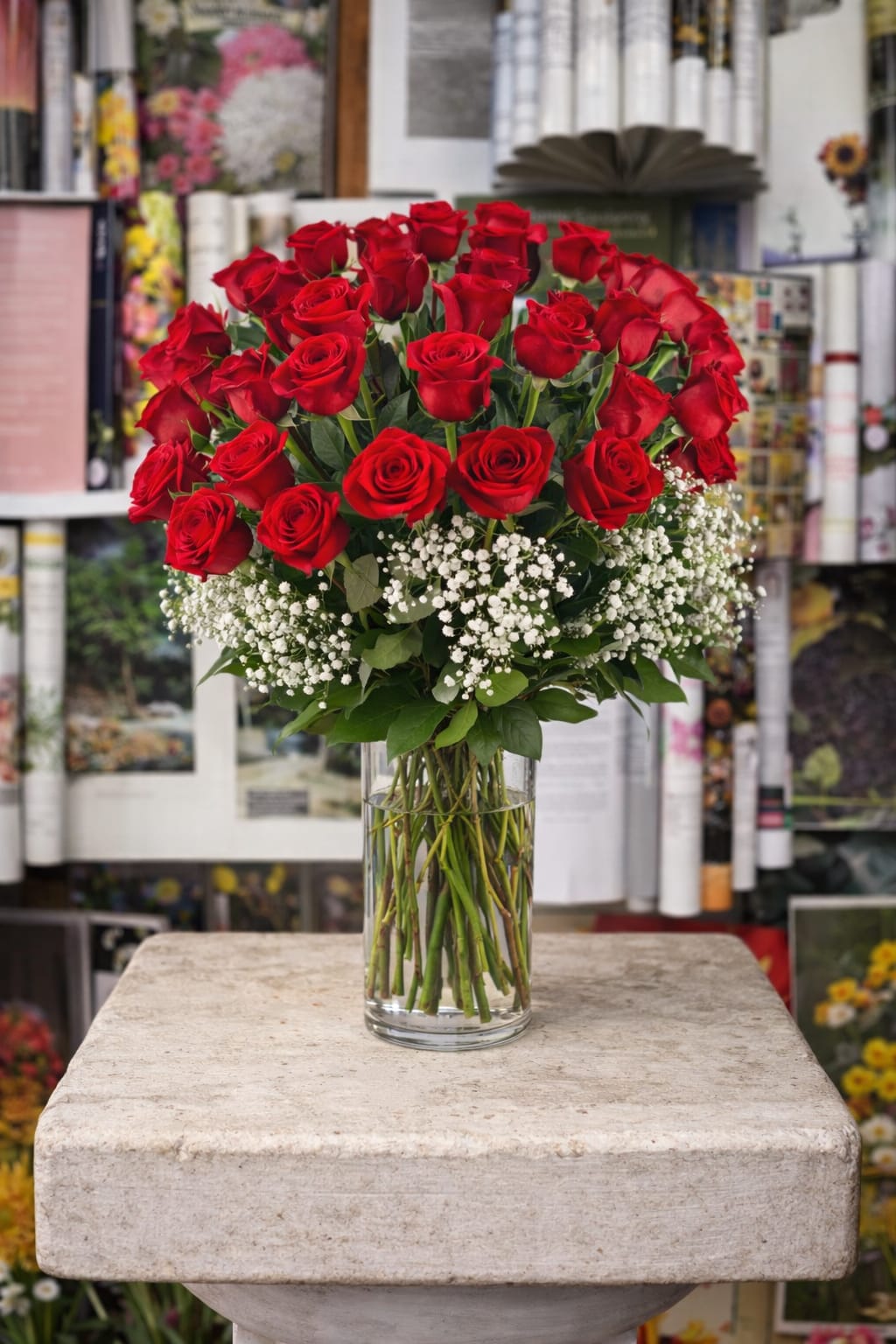 Grandeur Long Stem Rose Arrangement - Go big with your love. Send the most extravagant 3 dozen red rose arrangement for Valentine's day, anniversary celebrations, or declarations of love. This luxury arrangement makes a big statement of "I love you" in 36 roses.  Approximate Dimensions: 20"D x 32"H