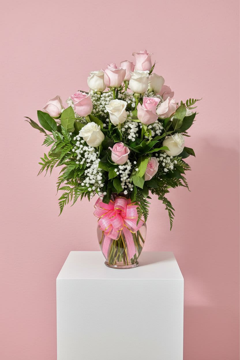 24 Pink and White Roses in Glass Vase - Graceful Blush &amp; Ivory Rose Vase Arrangement  Timeless elegance meets soft romance in our Graceful Blush &amp; Ivory Rose Vase Arrangement. This beautiful bouquet features a harmonious blend of delicate light pink and creamy white roses, perfectly complemented by lush greenery and baby’s breath. Arranged in a classic glass vase and tied with a charming pink ribbon, it’s a thoughtful gift for any occasion.  Whether you’re celebrating a birthday, anniversary, welcoming a new baby, or simply expressing love and appreciation, this arrangement brings grace and beauty to every moment.  Please note: Pink roses tone may vary slightly based on seasonal availability, but the overall look and feel will always reflect the soft, romantic theme.