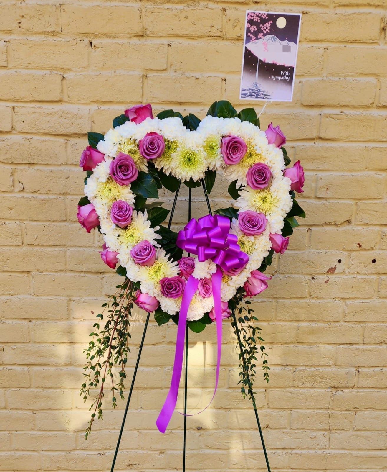 From The Heart - Heart shape standing easel with chrysanthemums and roses.