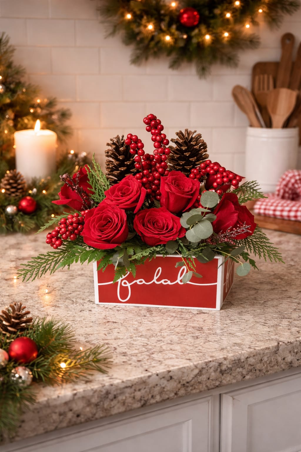 Fa La La - A cozy, festive burst of holiday cheer—bright red roses, winter berries, pinecones, and evergreens arranged in a charming box, ready to warm and fill up any space with the Christmas spirit.