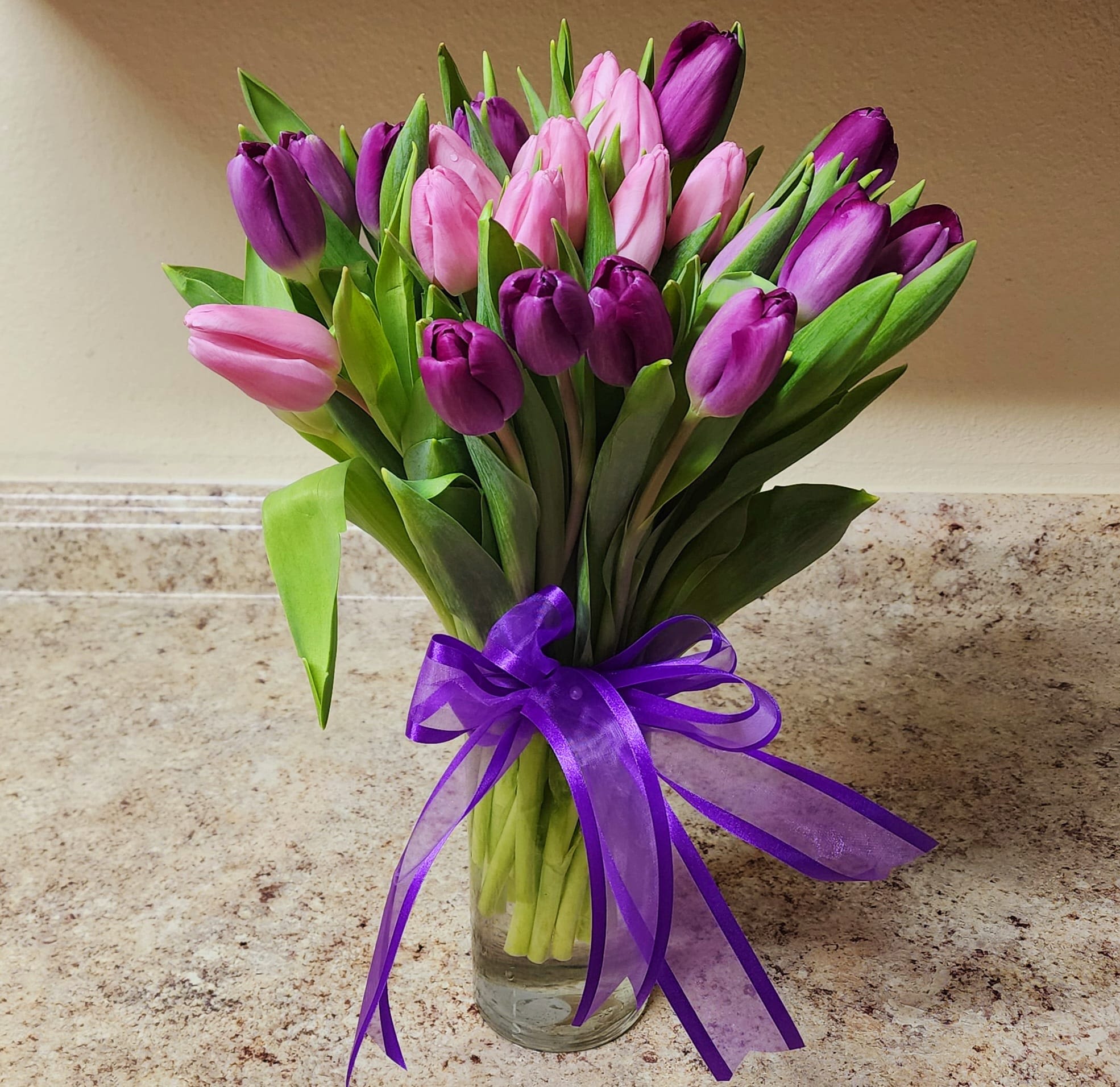 Tulips of Love - Pink and purple tulips with a lovely and bright purple ribbon.