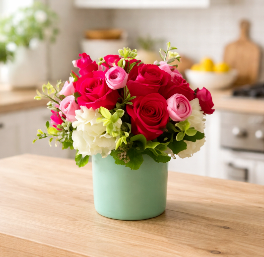 Garden Grace  - Soft, elegant, and effortlessly charming, the Garden Grace Floral Arrangement captures the beauty of a blooming spring garden brought indoors. This graceful design features a lush blend of premium roses, delicate ranunculus, airy hydrangea, and fresh seasonal greenery—expertly styled to create a full, garden-inspired look.  Designed in a modern mint cylinder vase, Garden Grace is the perfect accent for a living room coffee table, dining centerpiece, or bedside display. Its fresh spring color palette of pinks, ivories, and soft greens adds warmth and natural beauty to any space, making it a thoughtful choice for Celebrationns, anniversaries, housewarmings, Get Well, or “just because” moments.  Handcrafted by our skilled florists in Los Angeles, Garden Grace delivers timeless style with a light, organic feel—bringing comfort, joy, and effortless elegance to every occasion.  Arrangement Details  Features roses, ranunculus, hydrangea &amp; seasonal accent blooms  Fresh spring color palette with soft pinks, ivory, and greenery  Designed in a modern mint cylinder vase  Garden-style, cottage-inspired floral design  Handcrafted with care in Los Angeles