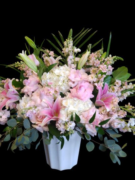 A Gentle Embrace - Beautiful reflexed roses star in this pink and white floor basket.