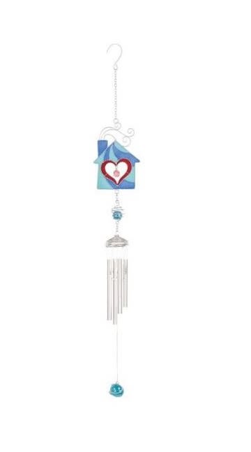 Heart House Suncatcher Mini-Chime - This colorful sun catcher mini chime is 26in long. Glass color will vary. Sold individually for $28.75 or displayed on an easel with floral design for $48.75. It can also be mounted on a shepherds hook planted in a dish garden planter of assorted living plants and fresh cut flowers (Premium Option).