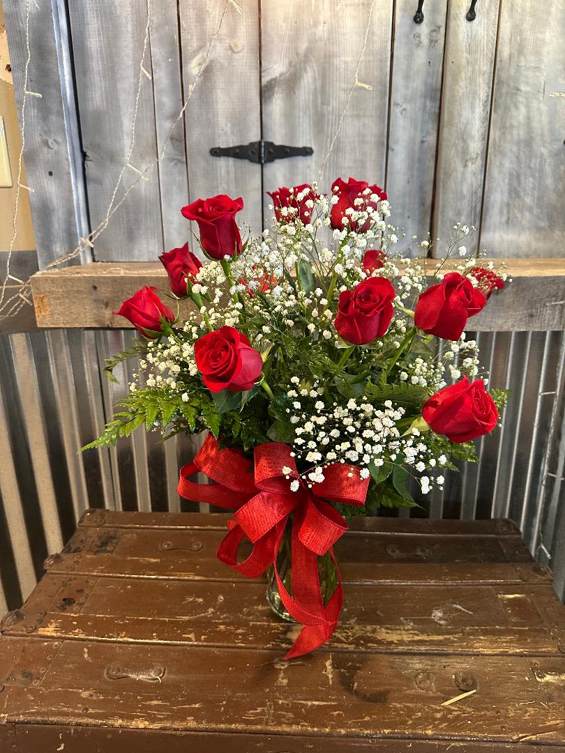 Especially Mine - Dozen Red Roses vased with babies breath