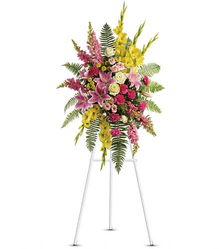 Bright and Beautiful - This stunning spray is a beautiful and touching display of your sympathy and devotion. A lovely composition of flowers such as green roses gladioli and button spray chrysanthemums pink spray roses and carnations light pink oriental lilies and snapdragons are arranged with a mix of beautiful greenery in a standing spray of flowers that's delivered on an easel.Approximately 29" W x 46" H Orientation: One-Sided As Shown : T246-4A