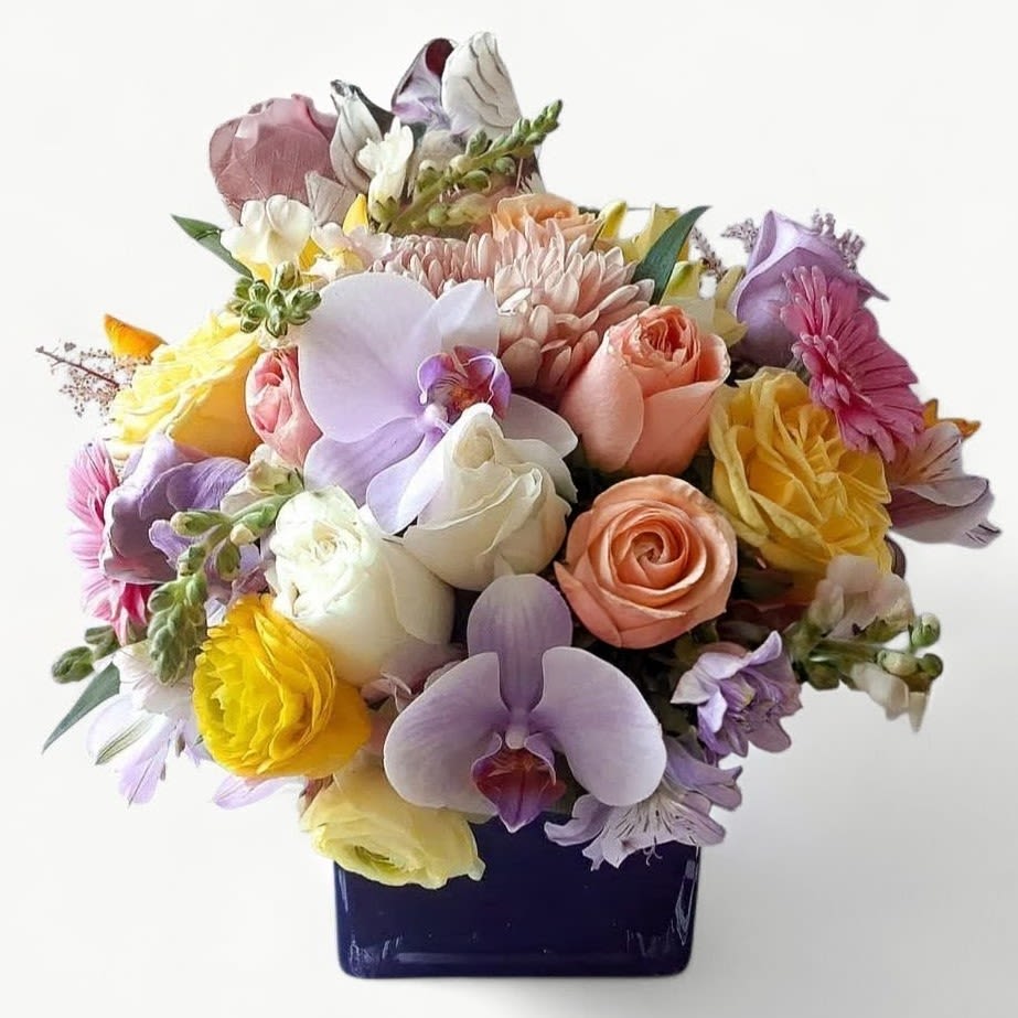 Designer's Choice Special Pastels - Designer's choice pastels in a black modern glass cube style vase. Perfect to send for every occasion to make them smile.