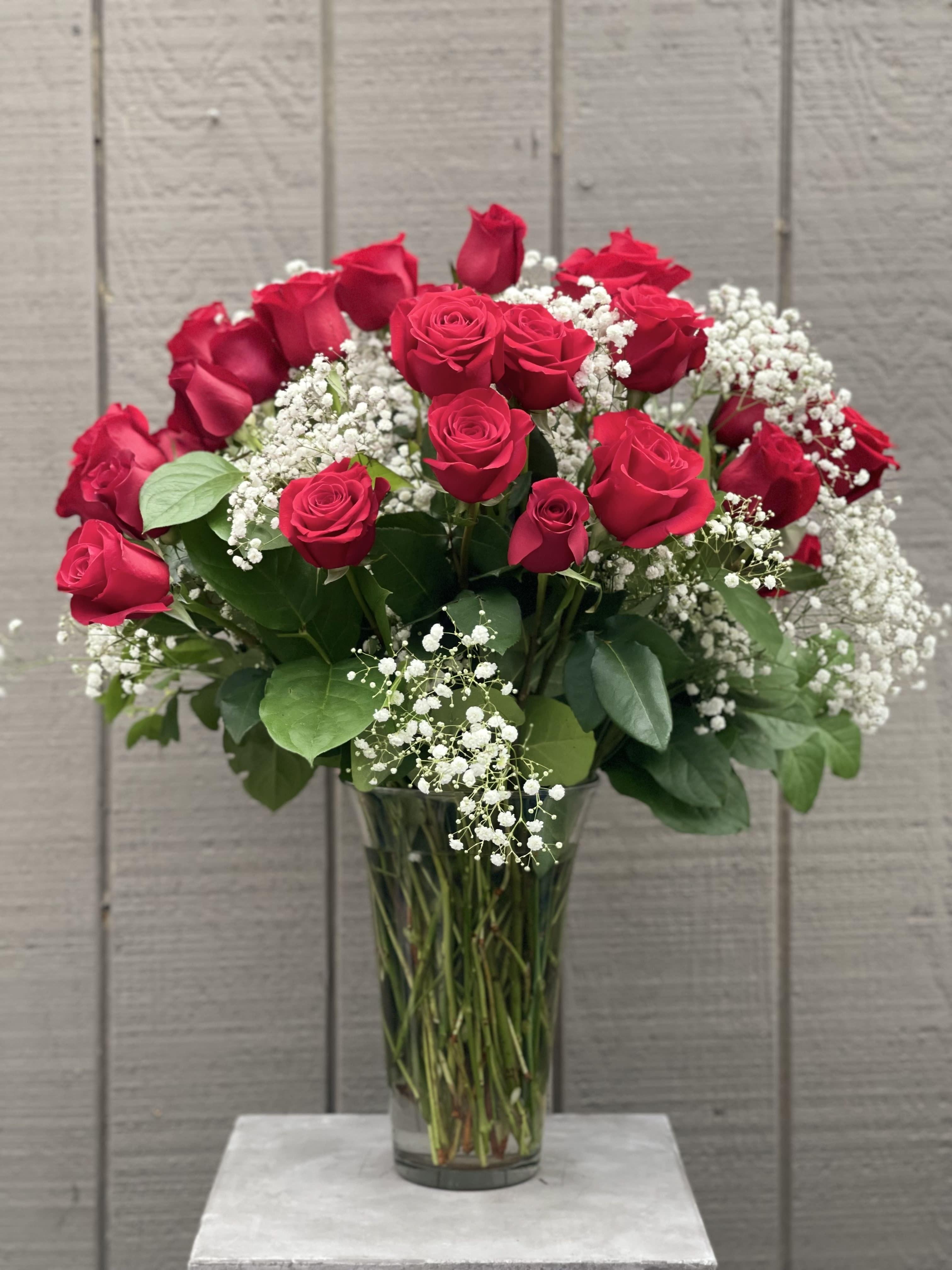 3 Dozen Roses in a Vase - 36 long stemmed red roses arranged in a vase with baby's breath