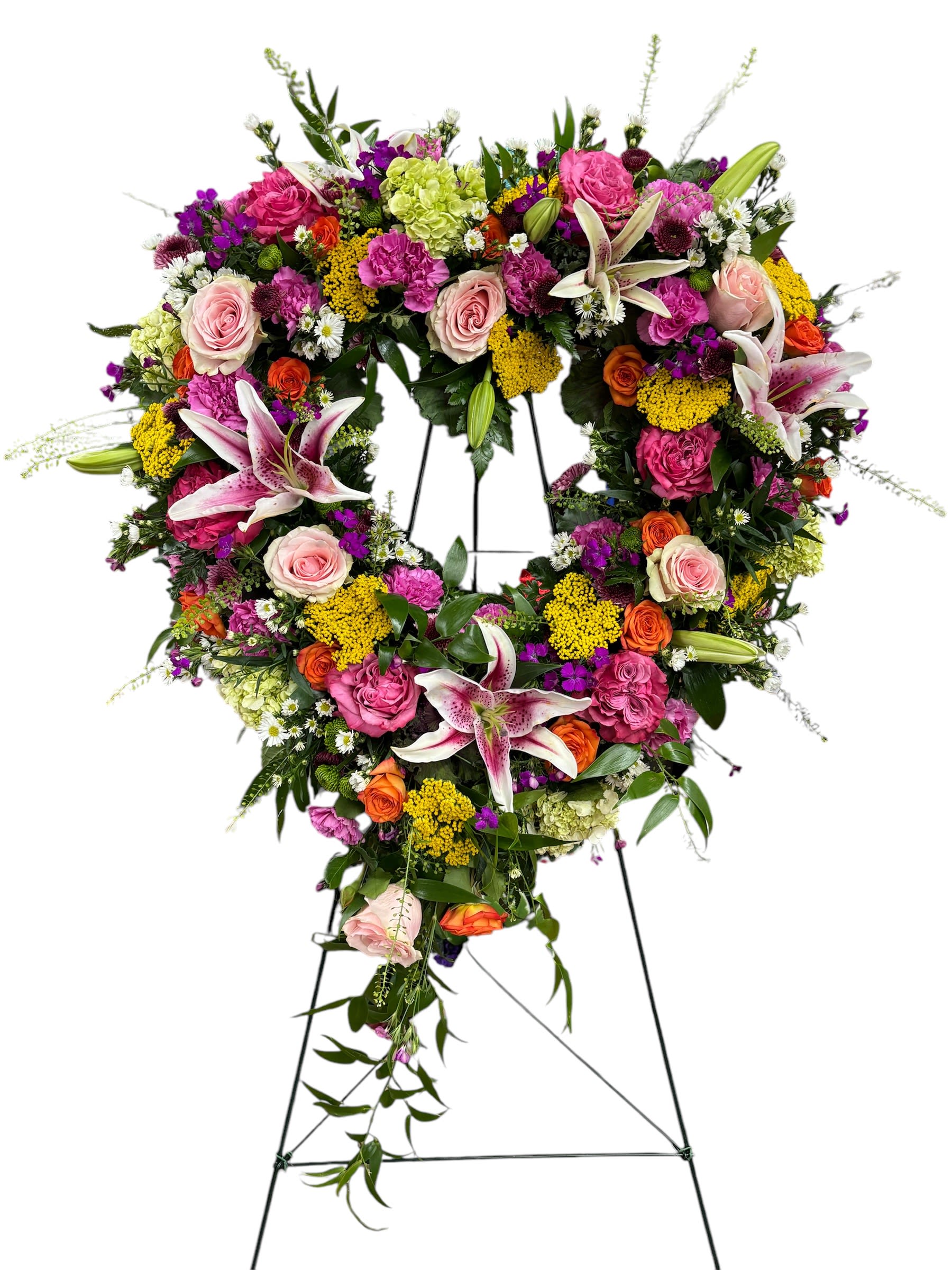 Everlasting love - Demonstrate your eternal love in a truly heartfelt way with this stunning open-heart arrangement.  Bursting with the beauty of lilies, roses, hydrangeas, yarrow, mini carnations, monte casino and ruscus, it's a beautiful way to show your everlasting love.