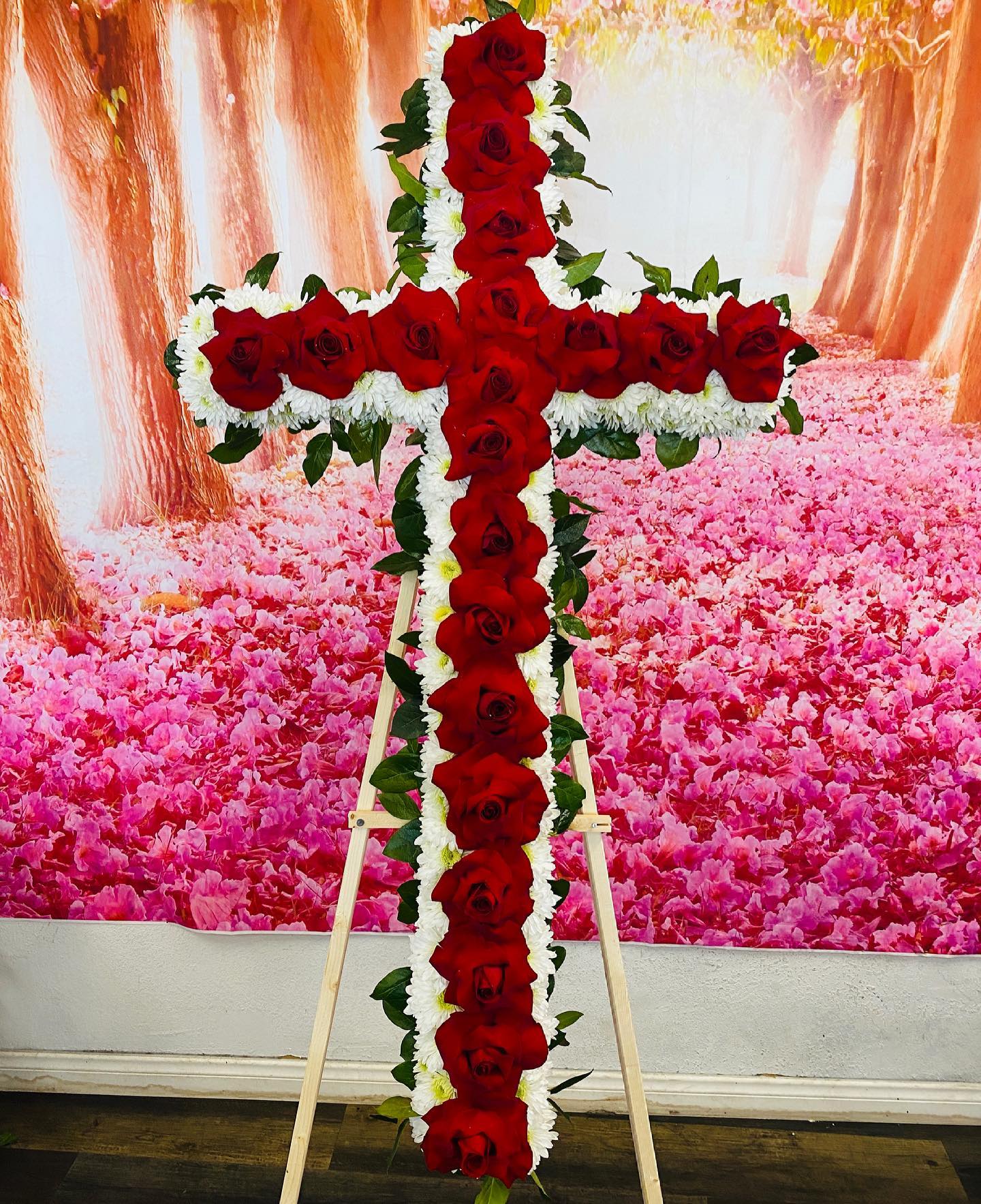 Funeral- Medium Cross With Red Roses - Funeral- Medium Cross With Red Roses