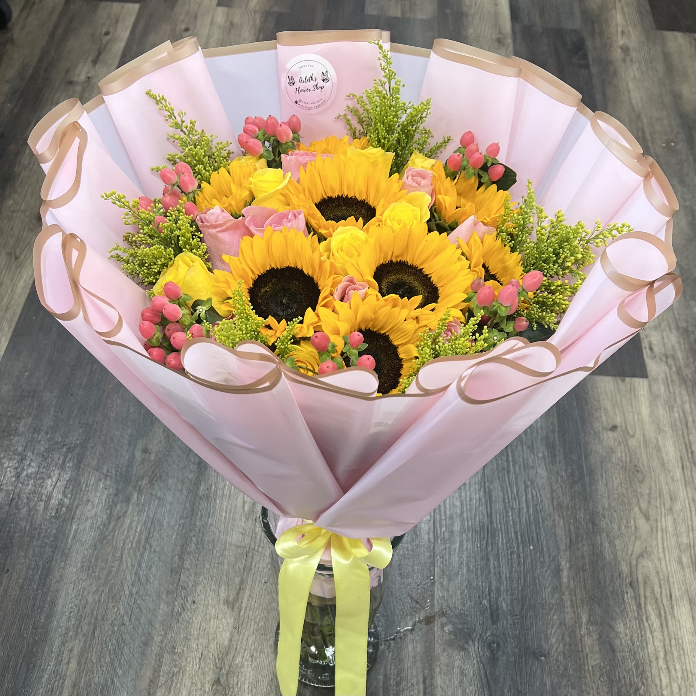 Sunflowers, Yellow And Pink Roses Bouquet  - Buyer will receive a beautiful bouquet with sunflowers, yellow and pink roses, coffee beans. 