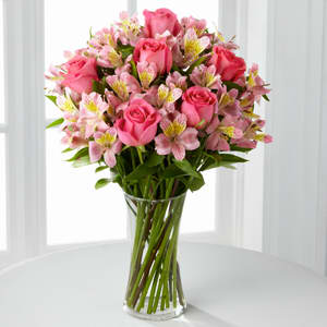 Dreamland Pink Rose Bouquet with Vase - shades of pinks with alstromeria and roses
