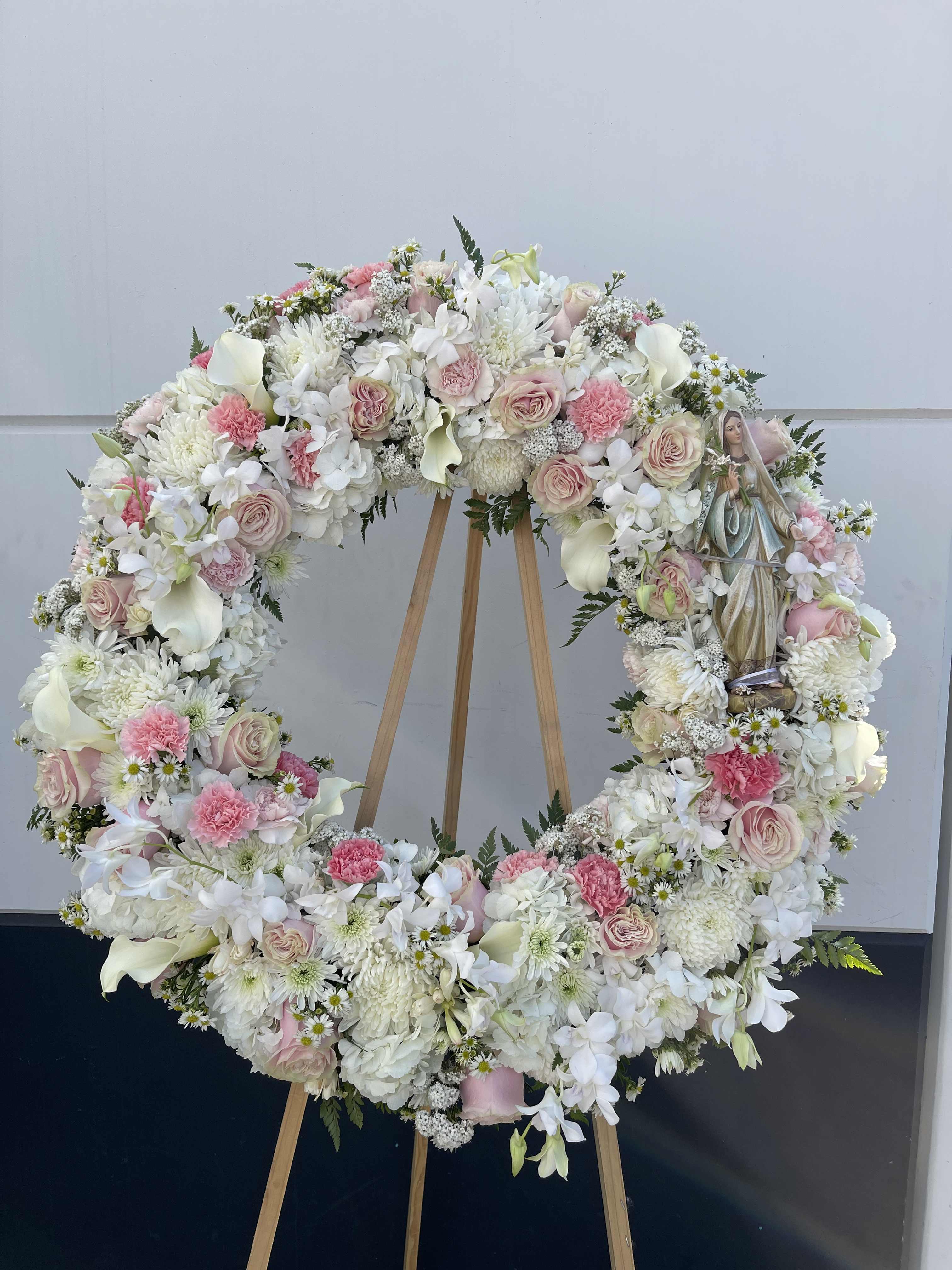 Large pastel wreath with MARY - Virgin Mary statue made out of wood in 35” wreath 