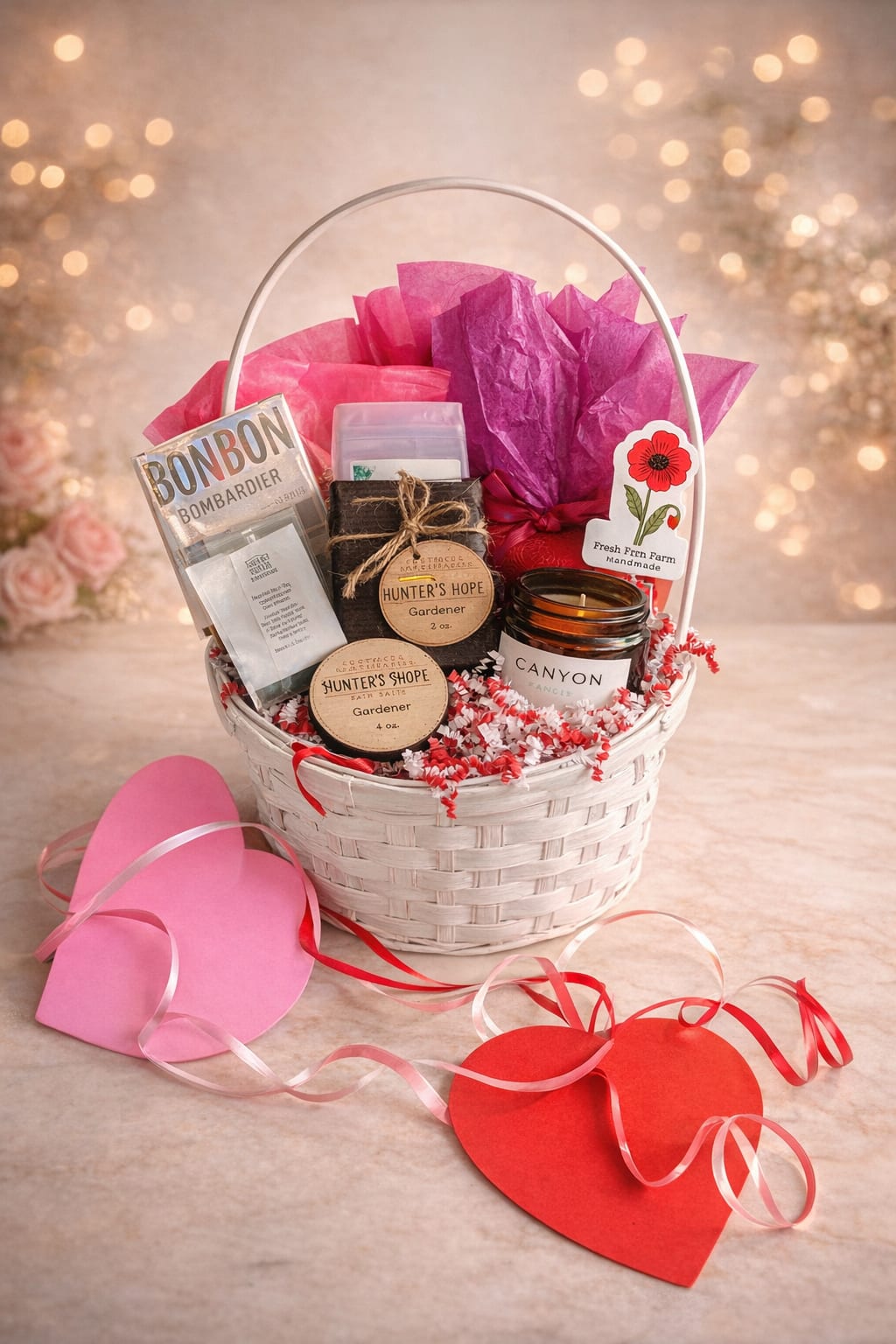 Love Local Valentine Collection - Celebrate love while supporting local with our Love Local Valentine’s Gift Basket, a thoughtfully curated collection of artisan goods from some of our favorite local makers. Designed with Valentine’s Day in mind, each basket features a romantic mix of handcrafted treats and self-care favorites, making it the perfect gift for anyone who appreciates quality, intention, and a little indulgence.  While each basket is unique, selections typically include a blend of artisan chocolates or sweet treats, specialty teas, and locally made bath or body products, all beautifully packaged and ready for gifting. Contents may vary based on availability, ensuring every basket feels special and one-of-a-kind.  Perfect for:  Valentine’s Day gifting  Supporting local artisans  A thoughtful alternative to traditional flowers  What to expect:  A curated assortment of locally made goods  Sweet treats, tea, and self-care items  Beautiful presentation with a Valentine’s touch  No two baskets are exactly alike — each one is assembled with care, love, and a celebration of our local community.