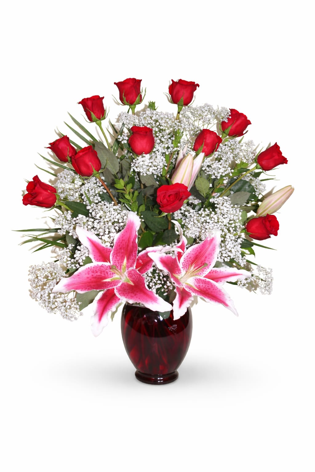 Crazy for you by everbloom - Beautiful rose arrangement in a ginger vase, with hot pink stargazer. Also available in other colors.