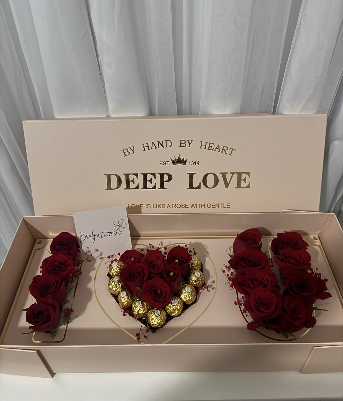 Rose Confession - Declare your love with "Rose Confession," a breathtakingly romantic gift.  A beautiful box elegantly displays the words "I LOVE YOU," meticulously crafted from vibrant red roses. This unforgettable expression of love is sure to leave a lasting impression.  *Please specify box color preference in the notes, we have both pink and black, if no color is selected we will choose for you*