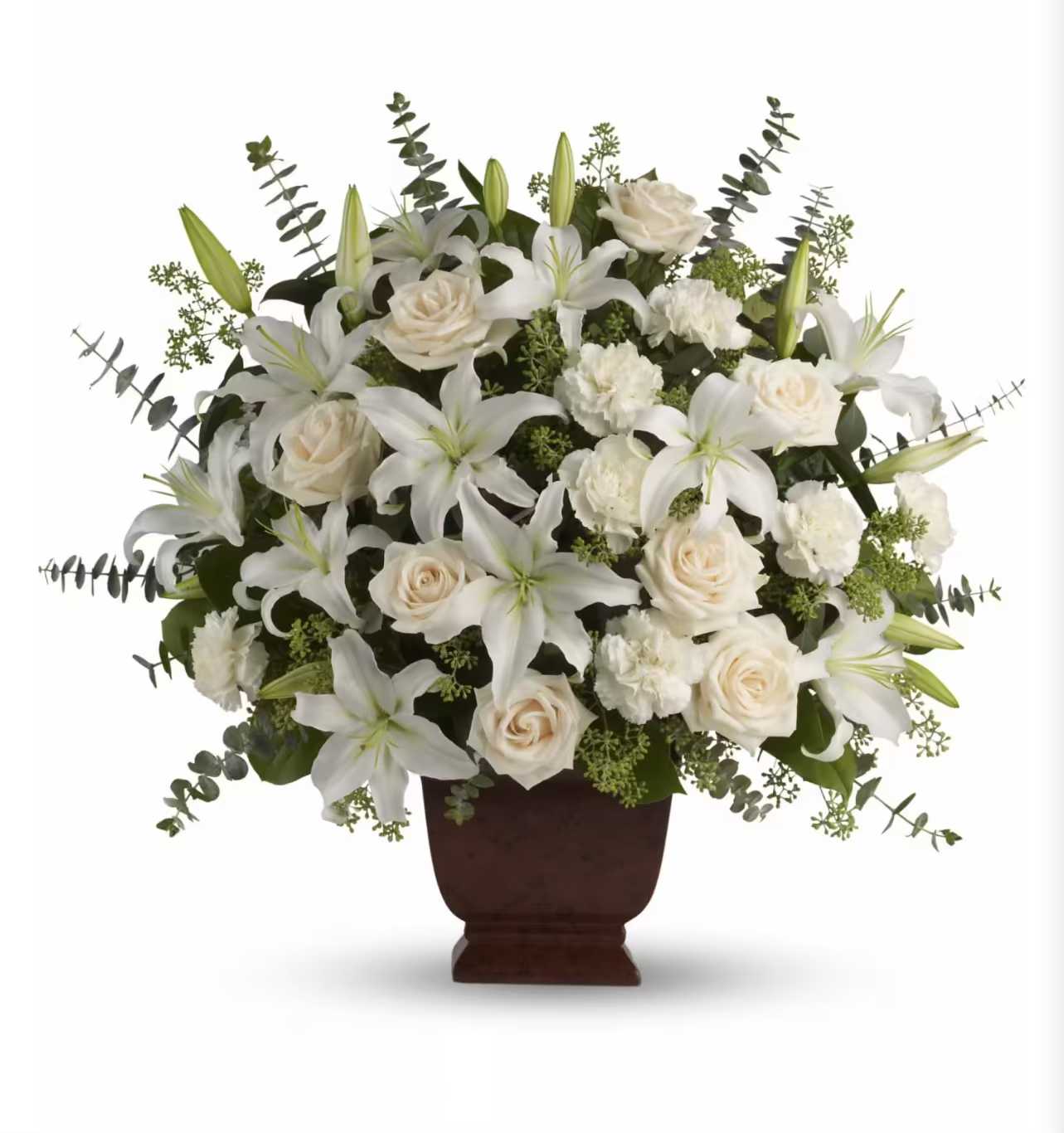 Everything White Basket - Basket with white flowers and greenery.