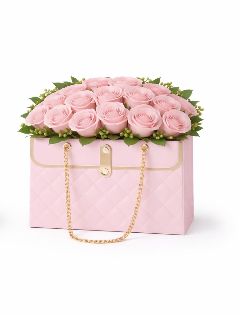 Blush Pink Purse  - Soft blush roses styled in a full, rounded design with fresh greenery and berry accents, arranged in our signature pink purse box with gold details. Sweet, feminine, and photo-ready from every angle. Best for: Birthday, anniversary, Mother’s Day, new baby, thank you, get well, “just because.”