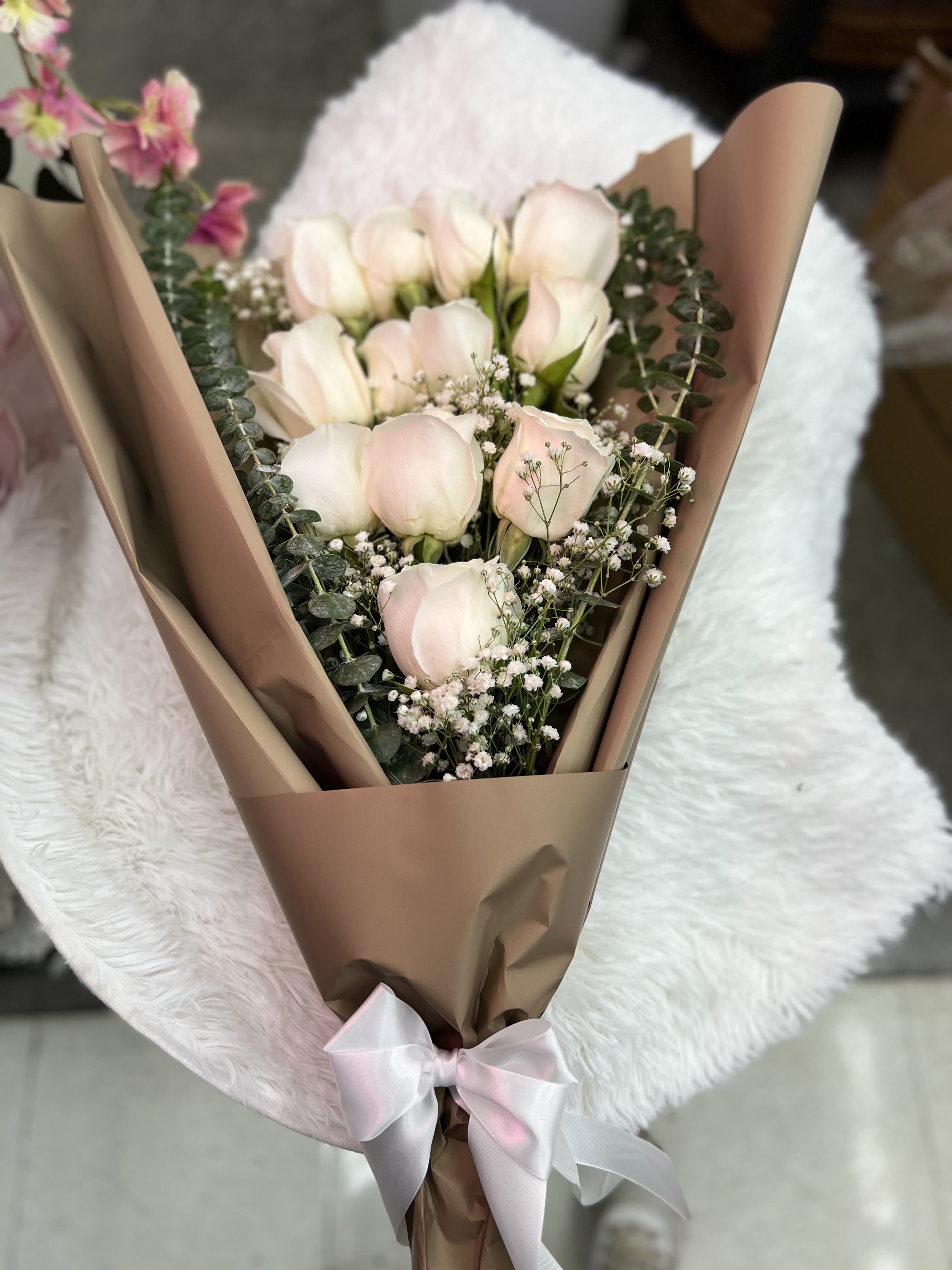 White roses with eucalyptus  - Roses and eucalyptus 