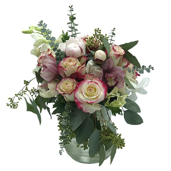 Pristine Peony - Pink and White peonies with Sweetness roses and tulips and various greens and orchids makes this one stand out.