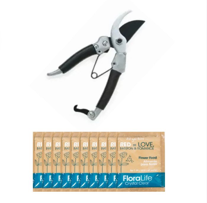 Floral Shears + 10 Packets of Flower Food – The Perfect Combo for Fresh, Long-Lasting Blooms - Keep your flowers looking beautiful from the moment they’re cut with this essential floral care set.  Includes: 	•	Professional Floral Shears – Sharp, precision blades designed to make clean cuts on stems, reducing damage and helping flowers absorb water more efficiently. Ergonomic, non-slip handles provide comfort and control for all-day arranging. 	•	10 Packets of FloraLife Crystal Clear® Flower Food – Each packet nourishes your blooms and keeps vase water fresh. Perfect for extending the life of your flowers at home, for events, or in the shop.  Why You’ll Love It: 	•	Ideal for florists, event planners, or flower enthusiasts 	•	Prevents premature wilting by promoting better hydration 	•	Easy to use—cut, feed, and enjoy longer-lasting blooms
