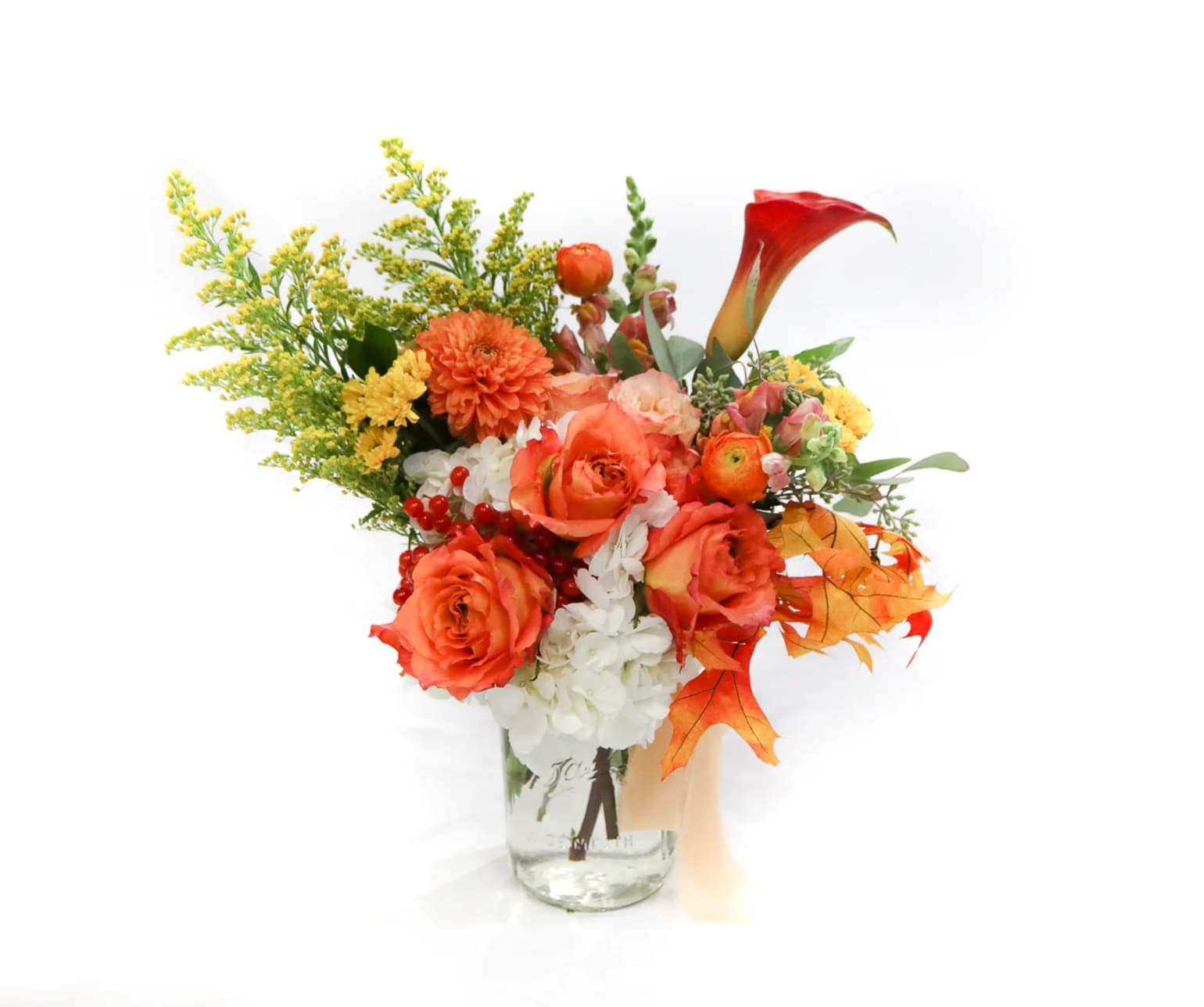 Perfect Autumn Jar  - Our newest mason jar fall collection brings up the most colorful and joyful combination in a magical hand tied bouquet. Comes in a glass jar.  