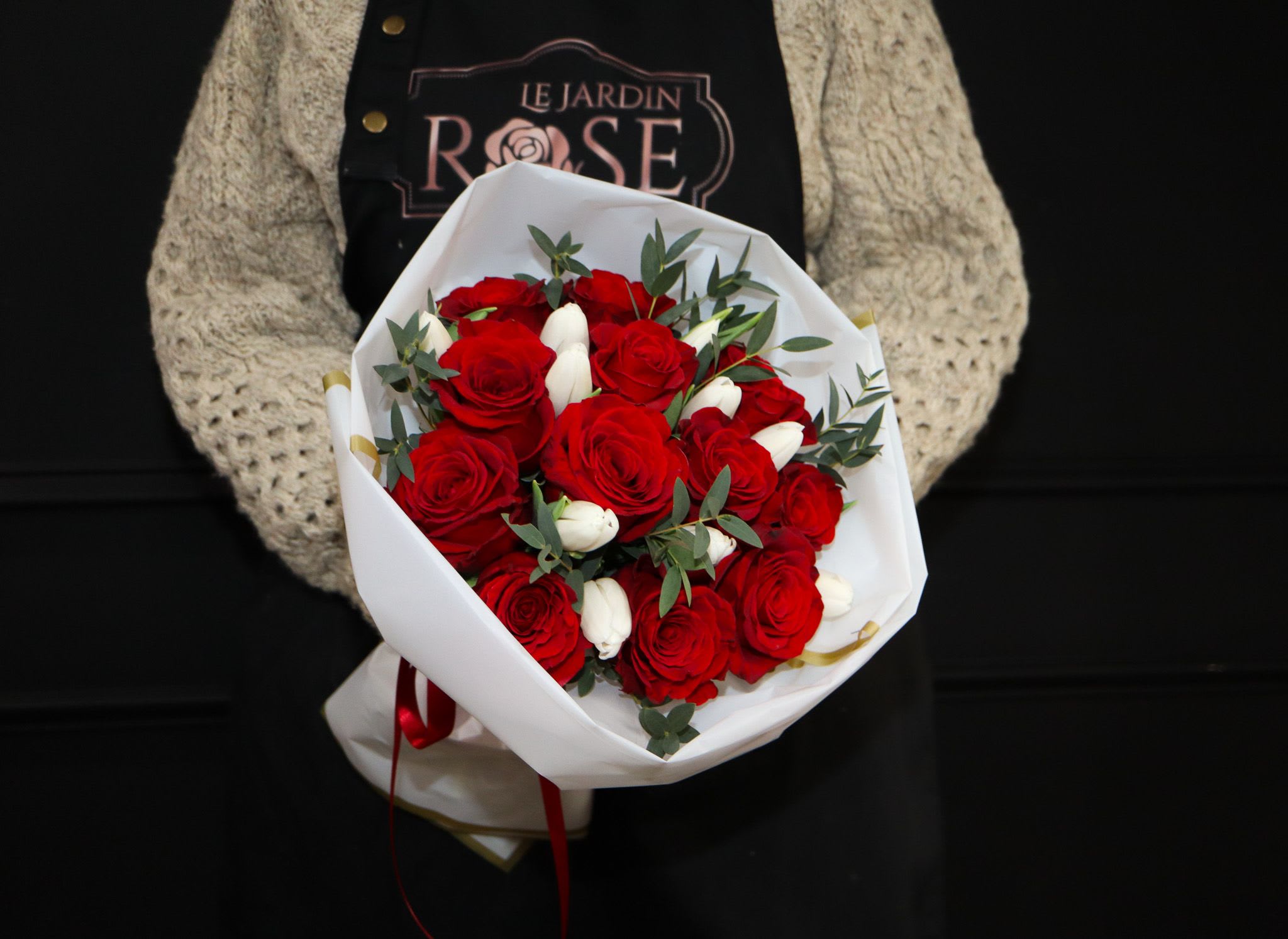 Sweet Love - A simple and elegant of 12 red roses and 10 white tulips.
