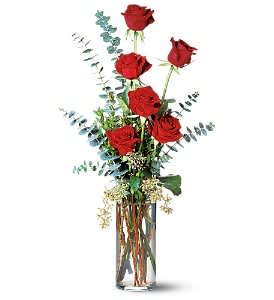 Expression of Love - For a hint of romance or to show someone special you care, these six beautiful red roses are just right.  Six red roses with eucalyptus in a glass cylinder vase.  Approximately 10" W x 23" H  Orientation: One-Sided